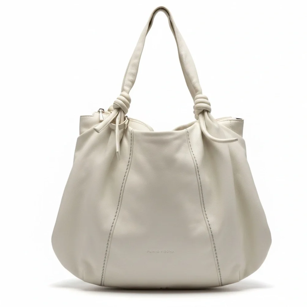 Plinio Visona Italy Cream Leather Knotted Hobo Tote Bag Zip Top OS